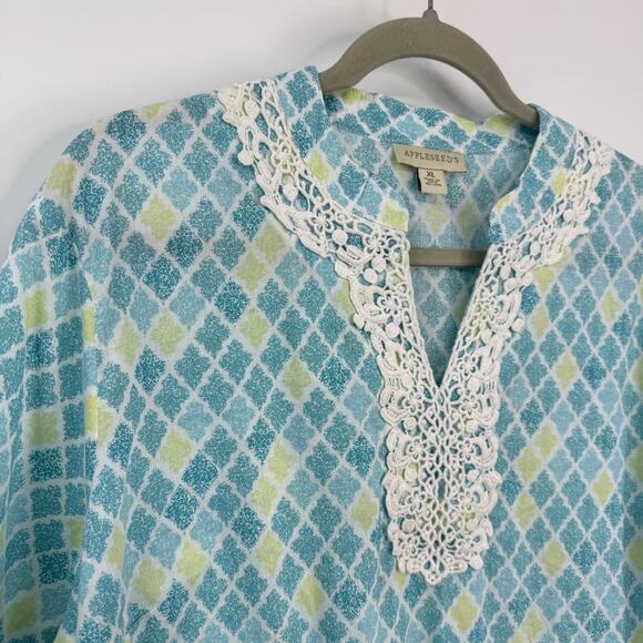 Appleseed's XL Blue Medallion Print Split Neck Tunic 3/4 Sleeve Resort - Picture 3 of 8